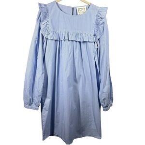 Sail To Sable Dress Women's XS‎ Blue Stripe Long Sleeve Ruffle Cotton Mini Shift